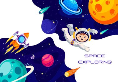 Uzay, gezegenler ve yıldızlar arasındaki uzay boşluğunda çocuk astronotların olduğu afişi keşfeder, vektör arka plan. Uzay keşfi ve gökada macerası çocuk uzay adamı, roket ya da uzay gemisi ile gökyüzünde