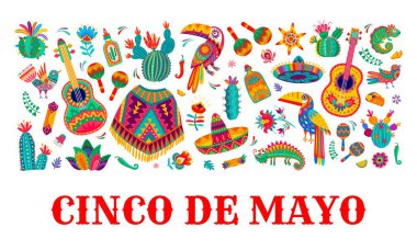 Cinco de mayonez pankartı ve karikatür vektörü Meksika bayramı için festival malzemeleri. Gitar, sombrero, marakas ve limon dilimi, kuş, tekila, kaktüs çiçeği bukalemunu geleneksel alebrije stilinde.