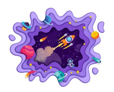 Galaksi uzay kağıdı roket fırlatma, asteroitler, kuyruklu yıldızlar ve gezegenler ile kesilmiş, vektör arkaplan. Roket, uzaylı UFO 'lar ve kağıt üzerinde Mars uzay adamlarıyla galaksi uzayına fırlatılmaya başlansın.