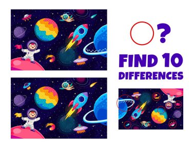 Çocuk oyun çizelgesi, çizgi film vektörü için galaksi uzayı manzarasında on farklılık bul. Çocuk astronot uzay adamı, galaksi roketi uzay gemisi ve uzaylı UFO ile on farklı resim bulmak için uzay sınavı