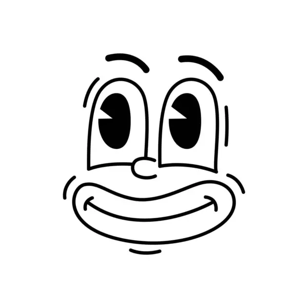 グロヴィー漫画の絵文字の顔 大きな目を持つ面白いコミックキャラクター ベクターレトロな絵文字 幸せな喜びの感情 大きなゴーグル目と口 レトロな落書きのライン漫画のキャラクターと笑顔 — ストックベクタ