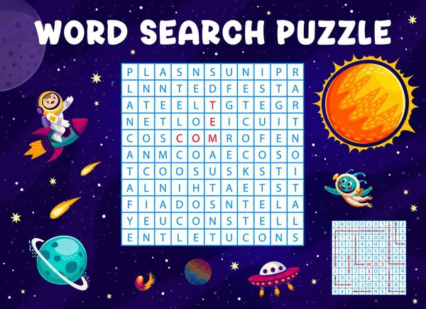 Word Search Puzzle Game Galaxy Space Landscape Kid Astronaut Alien — Stock Vector