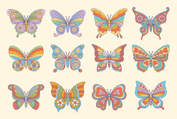 Groovige Hippie Schmetterlingsinsekten Retro Boho Stil Vereinzelte Vektor Schmetterlinge Prahlen — Stockvektor