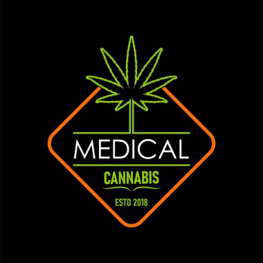 Tıbbi kenevir yaprağı ikonu. Marihuana CBD, ot sembolü. Tıbbi CBD ürün retro baskı veya rozet, ilaç kenevir çiftliği veya doğal ot uyuşturucu prim vektör simgesi veya grafik damga