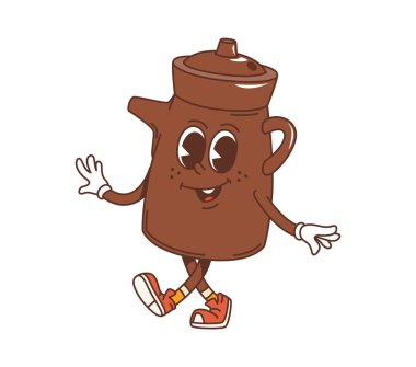 Çizgi film Japon soya sosu şişesi harikulade bir karakter. İzole vektör funky, geniş bir sırıtışla seramik çaydanlık kişiliği, koruluk hareketleriyle enerjik bir şekilde dans ediyor, japan yemek restoranında serin titreşimler yayıyor