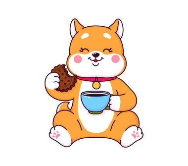 Japon çizgi filmi kawaii shiba inu puppy character with Coffee and donut. Yüzünde mutlu bir gülümseme olan izole vektör köpek eğlenceli bir partiden hoşlanıyor. Sevimli hayvan kişiliği içkisini yudumluyor ve kurabiye yiyor.