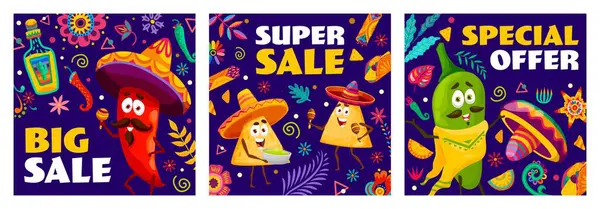 Holiday Big Super Sale Special Offer Banners Mexican Characters Mariachi — Stock Vector
