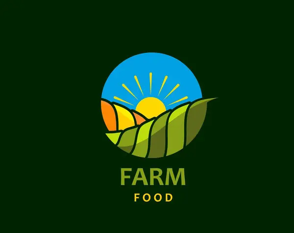 Organik Gıda Vektör Etiketi Olan Kırsal Tarım Alanı Ikonu Yeşil — Stok Vektör