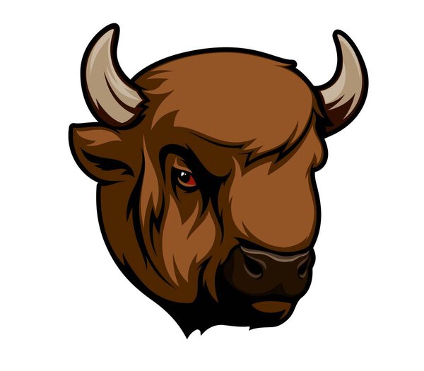 Талисман бизонов Буффало. Изолированная векторная голова быка, олицетворяет силу и упорство. его величественное рогатое существо, бык, буйвол или бизон символ, охота, стойкость и спортивный командный дух