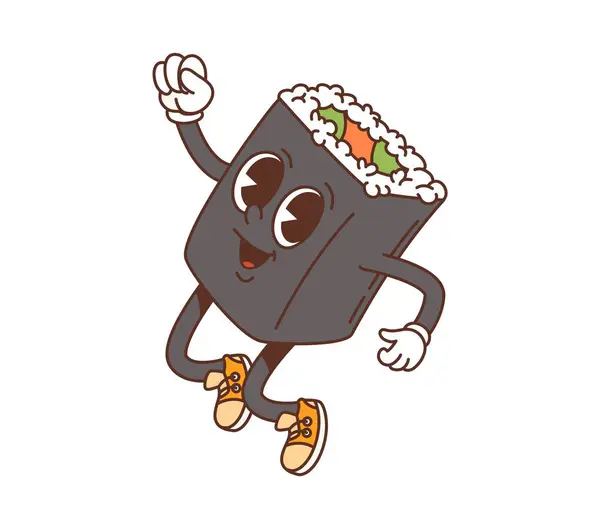 Cartoon Jumping Japanese Roll Groovy Character Isolated Vector Cheerful Asian — Stock Vector