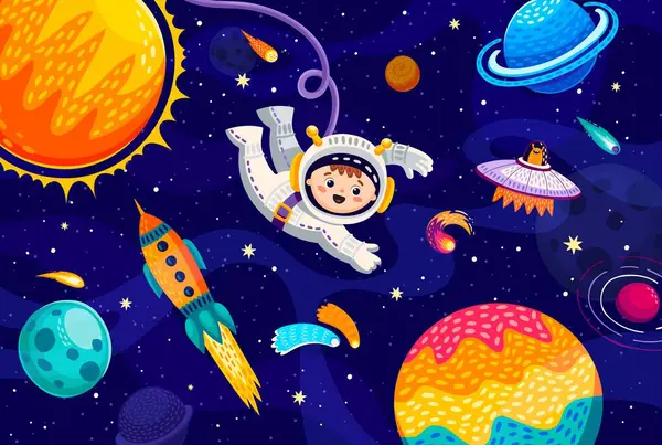 Jonge Astronaut Ruimte Melkwegplaneten Sterren Sterrenstelsels Cartoon Boy Personage Ruimte — Stockvector