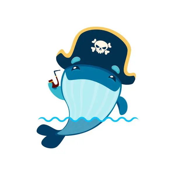 Cartoon Kawaii Whale Pirate Captain Character Marine Cute Animal Oceanarium — Stock Vector