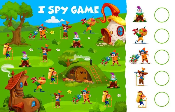 Spy Game Cartoon Garden Gnome Dwarf Characters Fairytale Village Kids — Stock Vector