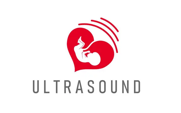 超声怀孕图标 独立的病媒标志 以孕妇子宫中的胎儿为特征 在心形框架和声波范围内 象征着医疗保健和医疗护理 — 图库矢量图片