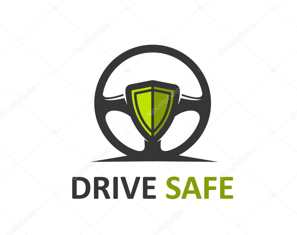 Safe drive logo icon, driving school symbol, features car steering wheel and green shield, symbolize driver protection, safety and caution. Isolated vector emblem of secure vehicle transportation