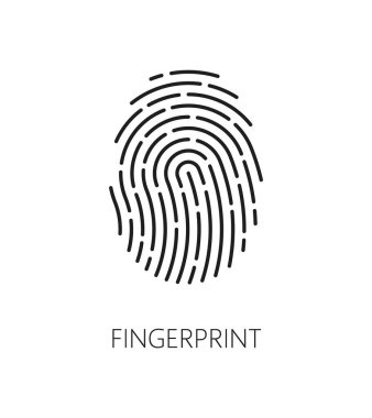 Parmak izi, biyometrik tanımlama ana hatları tanımlama ve doğrulama simgesi, çizgi vektörü. Kimlik biyometrikleri için parmak izi veya parmak izi taraması ve güvenlik ve yetkilendirme için kimlik doğrulaması