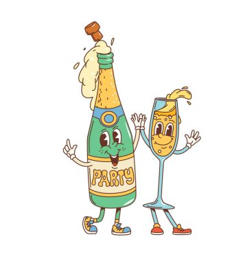 Retro karikatür şampanyası karakterleri partiyi kutluyor. Münferit vektör köpüklü şarap şişesi ve cam şahsiyetler mutlu bir gülümsemeyle, somutlaştırıcı karnaval eğlencesi, disko dönemine ait 60 'lı ya da 70' li yılların havasıyla sevinirler.