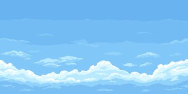 8bit piksel mavi gökyüzü arkaplanı, bulutlu oyun arkaplanı. Vektör cenneti bulutları, oyun seviyesi retro pikselli 2d grafikler büyüleyici bir nostaljik doğal atmosfer yaratır.