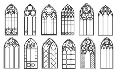 Katolik gotik kilise pencereleri ve ortaçağ kemerli siyah siluetler izole edilmiş vektör seti. Eski mozaik cam çerçeveler. Geleneksel Avrupa mimarisi, katedral iç monokrom unsurları