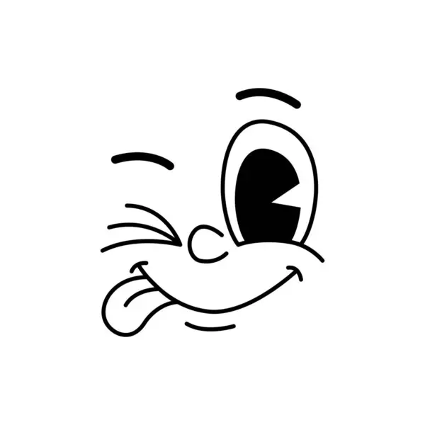 漫画コミックグルービーは 舌でウインクするか 面白い感情の文字 ベクターレトロ絵文字の笑顔に直面します かわいい笑顔のゴーグル目 グロビー絵文字のための落書きラインで悪臭の表現 — ストックベクタ
