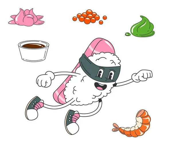 Retro Cartoon Groovy Sushi Superheldenfigur Mit Reiskörper Algenmaske Und Lachsscheibe — Stockvektor