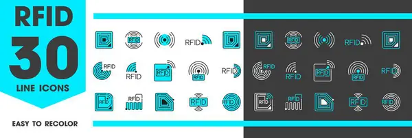 Ícones Rfid Etiquetas Identificação Radiofrequência Tecnologia Digital Símbolos Linha Vetorial — Vetor de Stock