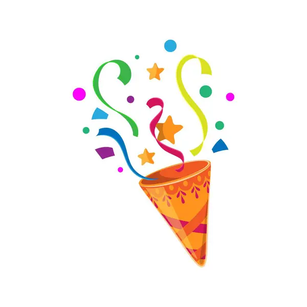 Holiday Party Popper Cone Birthday Firecracker Striped Confetti Stars Ribbons — Stock Vector