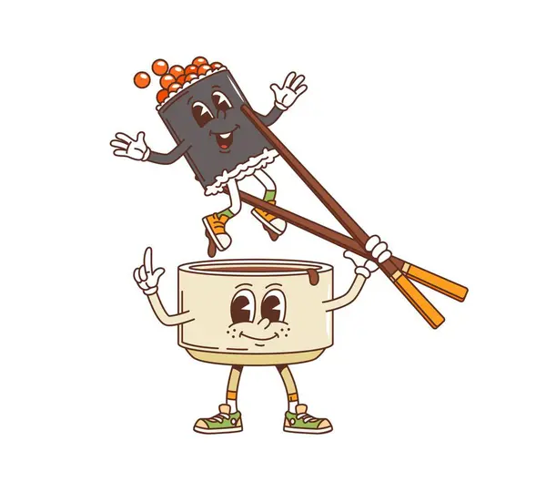 漫画レトログルービー醤油キャラクター 隔離されたベクター陽気な陶器のボウルは巧みに独自の風味豊かな深さに巻き込むために箸を使用します 和食レストランメニュー — ストックベクタ