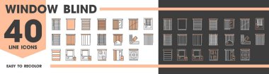 Pencere perdeleri, perdeler ve ev içi perdelerin jaluzi çizgileri, vektör piktogramlar. Pencere perdeleri ve karartma perdeleri ya da ev oturma odası ya da yatak odası için otomatik panjurlar.