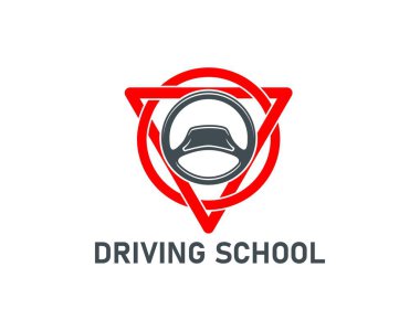 Araba direksiyon ve yol işaretlerinin okul ikonu vektör sembolü. Sürücü kursu ya da sürücü eğitmeni amblemi otomobil ya da araç taşımacılığı ve eğitim hizmetleri için kırmızı yol işaretleriyle işaretlenmiştir