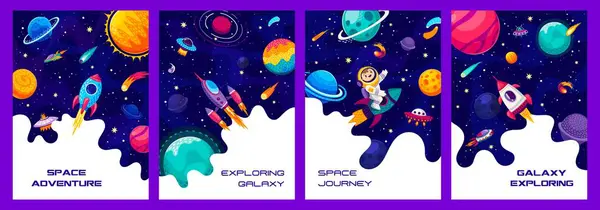 Space Exploring Galaxy Adventure Posters Kid Astronaut Starry Universe Rockets — Stock Vector