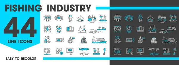 Fishing Industry Line Icons Fishery Boat Fishes Seafood Vector Symbols — Stock Vector