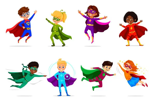 Çizgi Filmci Çocuklar Süper Kahraman Karakterler Süper Kahraman Kostümlü Kızlar — Stok Vektör