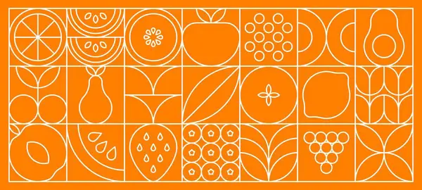 水果食品抽象的现代线条几何图案 向量上有樱桃 梨子或桃 柠檬和鳄梨的特征 背景上有蓝莓和西瓜片 — 图库矢量图片