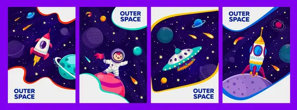 Banderas Plantillas Espaciales Galaxias Dibujos Animados Carteles Con Astronauta Infantil — Vector de stock