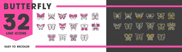 Butterfly Insect Line Icons Tattoo Ornament Decoration Art Vector Symbols — Stock Vector