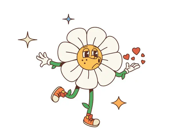 Cartoon Retro Valentine Groovy Daisy Flower Character Kiss Vector Vintage — Stock Vector