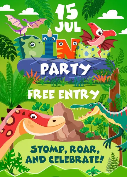 Verjaardagsfeest Flyer Cartoon Dinosaurus Personages Dino Kinderen Vector Uitnodiging Poster Rechtenvrije Stockvectors