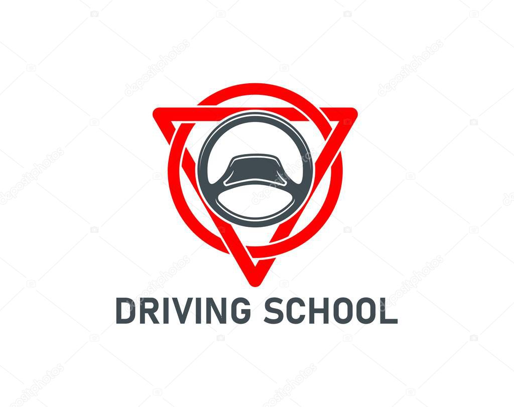 Driving school icon of car steering wheel and road signs, vector symbol. Driving school or driver instructor emblem with red road signs for automobile or vehicle transportation and education service