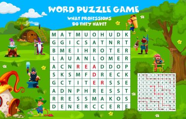 Word search puzzle game. Cartoon garden gnome and dwarf characters in fairytale village. Word search kids riddle, crossword grid vector game worksheet with wizard, hunter, blacksmith and farmer gnomes clipart