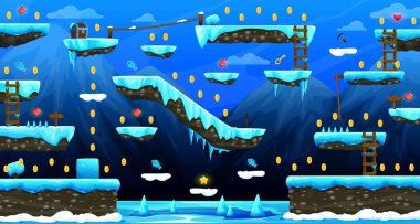 Arcade Kuzey Donmuş Dünya Oyun Seviyesi Harita Arayüzü. Oyun uygulamasında buzullar, buz platformları ve merdivenler, primler ve mücevherler dünya veya çevre arkaplanı, platform video oyunu seviye tasarım arayüzü