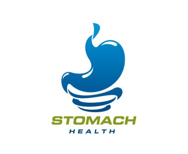 Mide sağlığı ikonu, gastroenteroloji ilacı ve gastro klinik vektör amblemi. Sindirim ve mide sağlığı, gastroskopi tıbbi muayenesi ve sindirim sistemi tıbbi tedavisi için mide işareti.