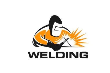 Kaynak simgesi, kaynak makinesi ve kıvılcımlar. Endüstriyel metal iş servisi için izole edilmiş vektör amblemi. Maske takmış ve koruyucu kostüm giymiş bir işçiyle meşale ile kaynak yaparak kıvılcım saçıyor.