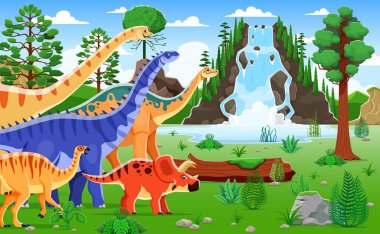 Çizgi film dinozor karakterleri, yüksek eğrelti otları ve çağlayan şelalelerle dolu, canlı tarih öncesi bir manzarada gezinirler. Renkli bitki örtüsüyle antik dünyada oyuncu brachiosaurus ve triceratops