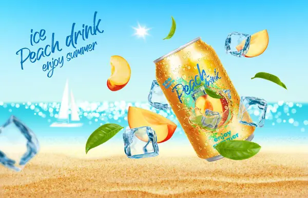 Peach Ice Drink Fruit Juice Can Cubes Summer Beach Soft — Stock Vector