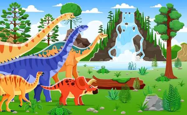 Personajes Dinosaurios Dibujos Animados Vagan Por Vibrante Paisaje Prehistórico Exuberante — Archivo Imágenes Vectoriales
