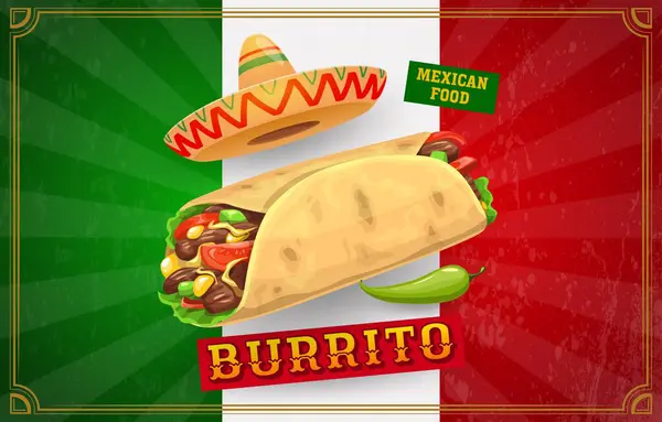 Mexicaanse Keuken Burrito Met Nationale Vlag Sombrero Hoed Vector Food Rechtenvrije Stockvectors