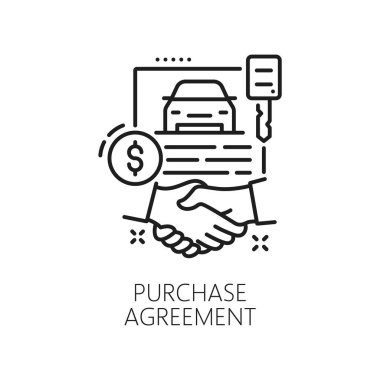 Araba şirketi, oto satıcısı, bayilik ince çizgi ikonu. Araba satın alma merkezi, otomobil satış dağıtıcısı veya araç kiralama dükkânı ana hatları vektör sembolü. Satın alma el sıkışmalı resmi bayilik resmi resim çizimi