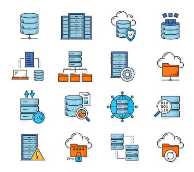 Renk veritabanı ağ sunucusu ve bulut depolama simgeleri, internet teknolojisi vektör çizgisi sembolleri. Veri yedek depolama simgeleri, aktarım, şifreleme ve sunucu güvenli erişim koruması parolaları