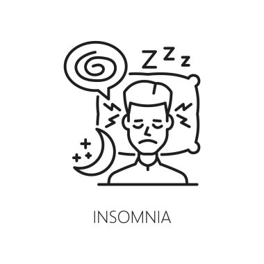 Insomnia line icon of hematology, anemia symptom, physical disease. Vector outline insomnia, sleeplessness, sleep disorder sign of tired and exhausted man lying on pillow and trying to falling asleep clipart